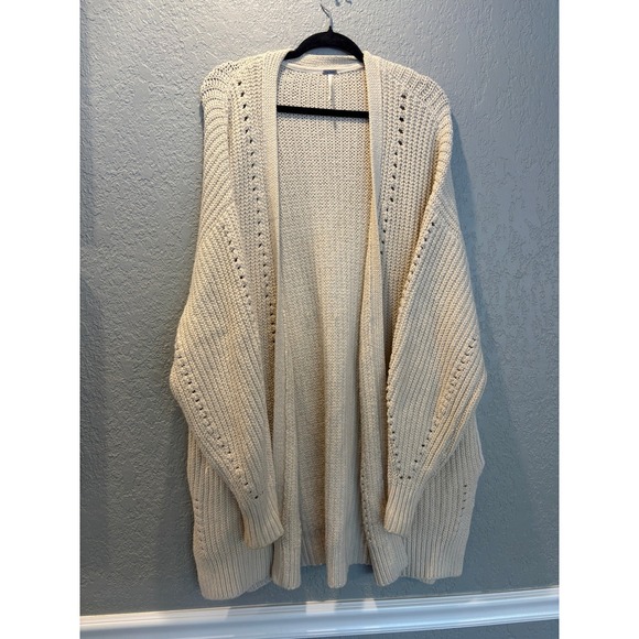 Free People Cream Knit Oversized Long Cardigan Sweater Bohemian Women's Medium - Picture 1 of 8